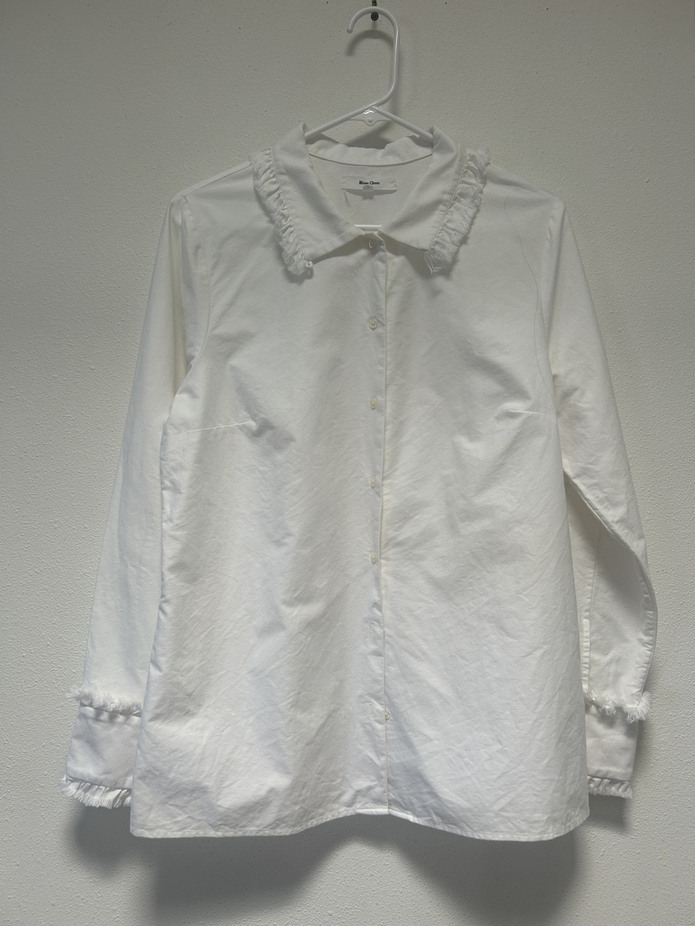 White Button-Down Shirt with Frayed Trim